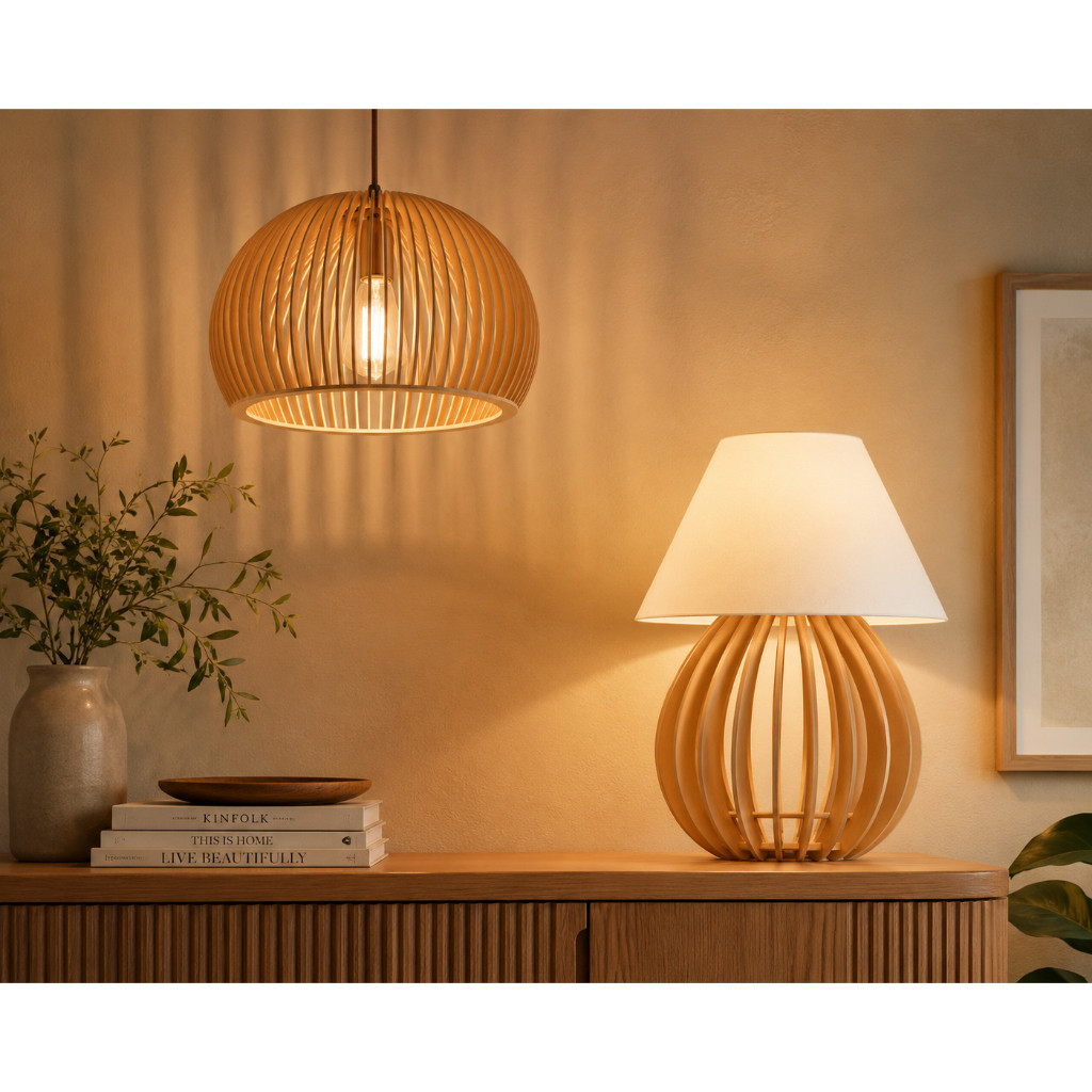 Kit Luminaria De Madeira Lustre De Teto e Abajur Criado Cabeceira De Cama Decoração Moderna