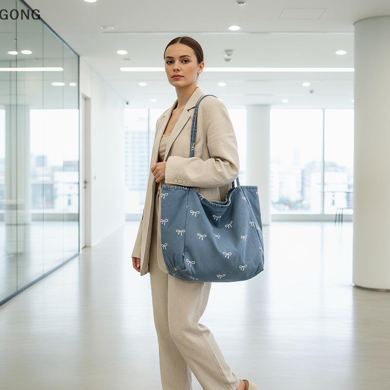 [BI] Bolsa Feminina Casual De Lona Jeans Com Destaque Em Arco De Ombro Único De Grande Capacidade Para Viagens Diárias B
