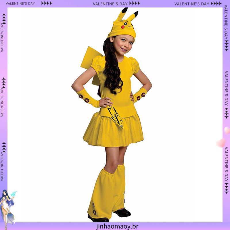 Meninas Fantasia Pikachu Pokemon Go Traje Cauda Wagging Halloween Crianças Cosplay Partido Do Carnaval Do Vestido Extra