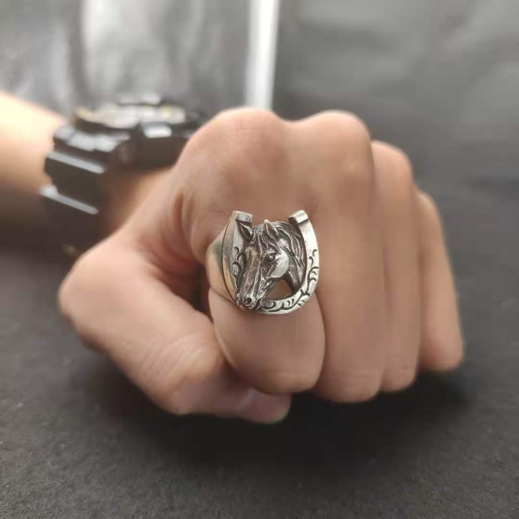 Anel Vintage de Prata Tailandesa com Design de Cabeça de Cavalo do Zodíaco, Design Único e Exclusivo, Anel Aberto, Elega
