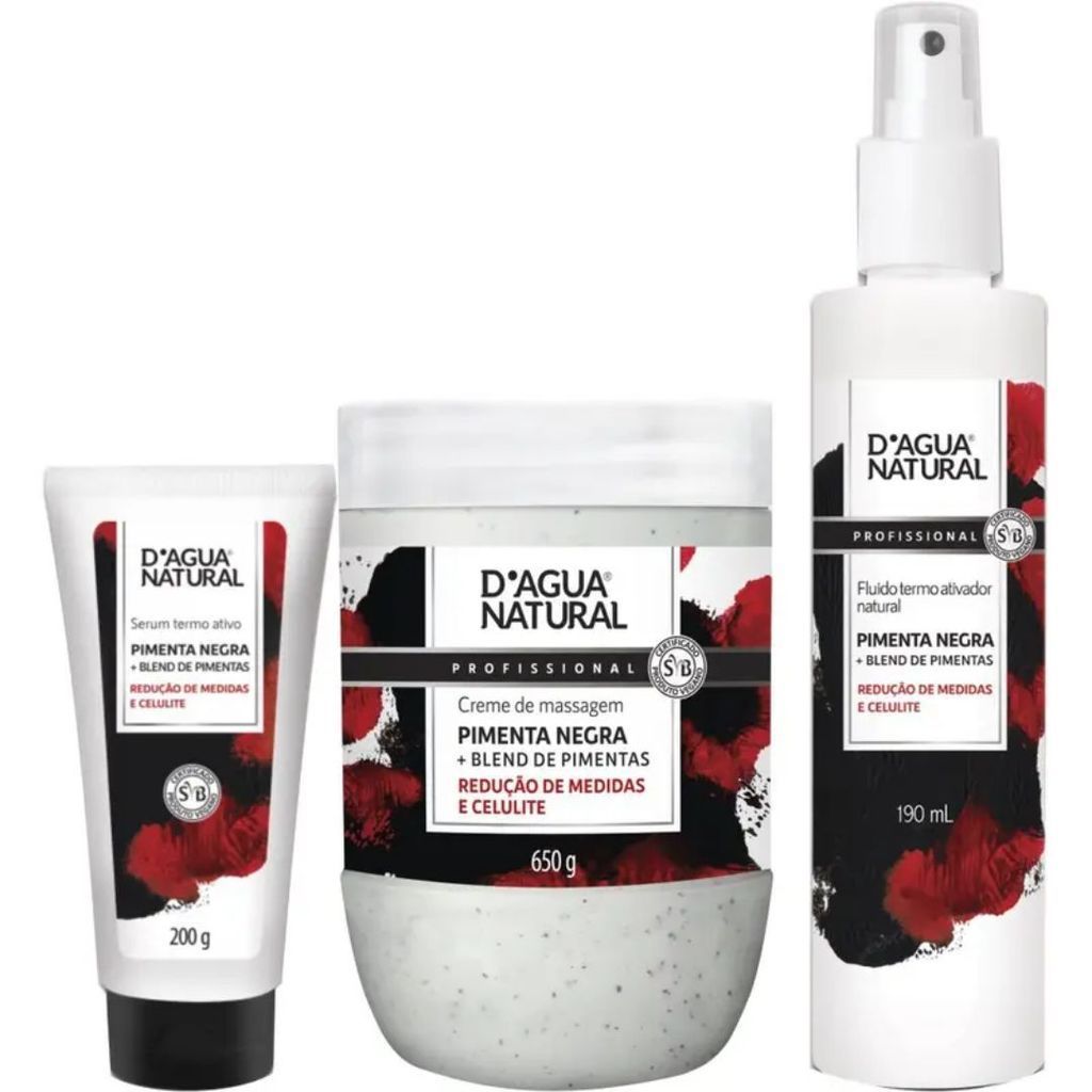 Kit Pimenta Negra D’Água Natural – Creme 650g + Fluido 190ml + Sérum 200g | Termoativo que Auxilia na Redução de Medidas