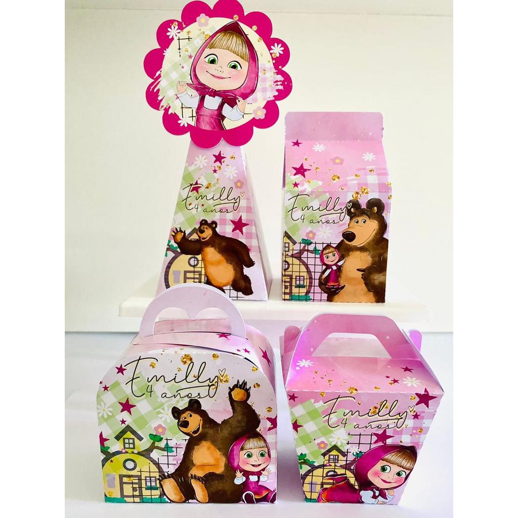 Kit Caixinhas Papelaria Personalizada Masha e o Urso Lembrancinha Festa Infantil DESMONTADO