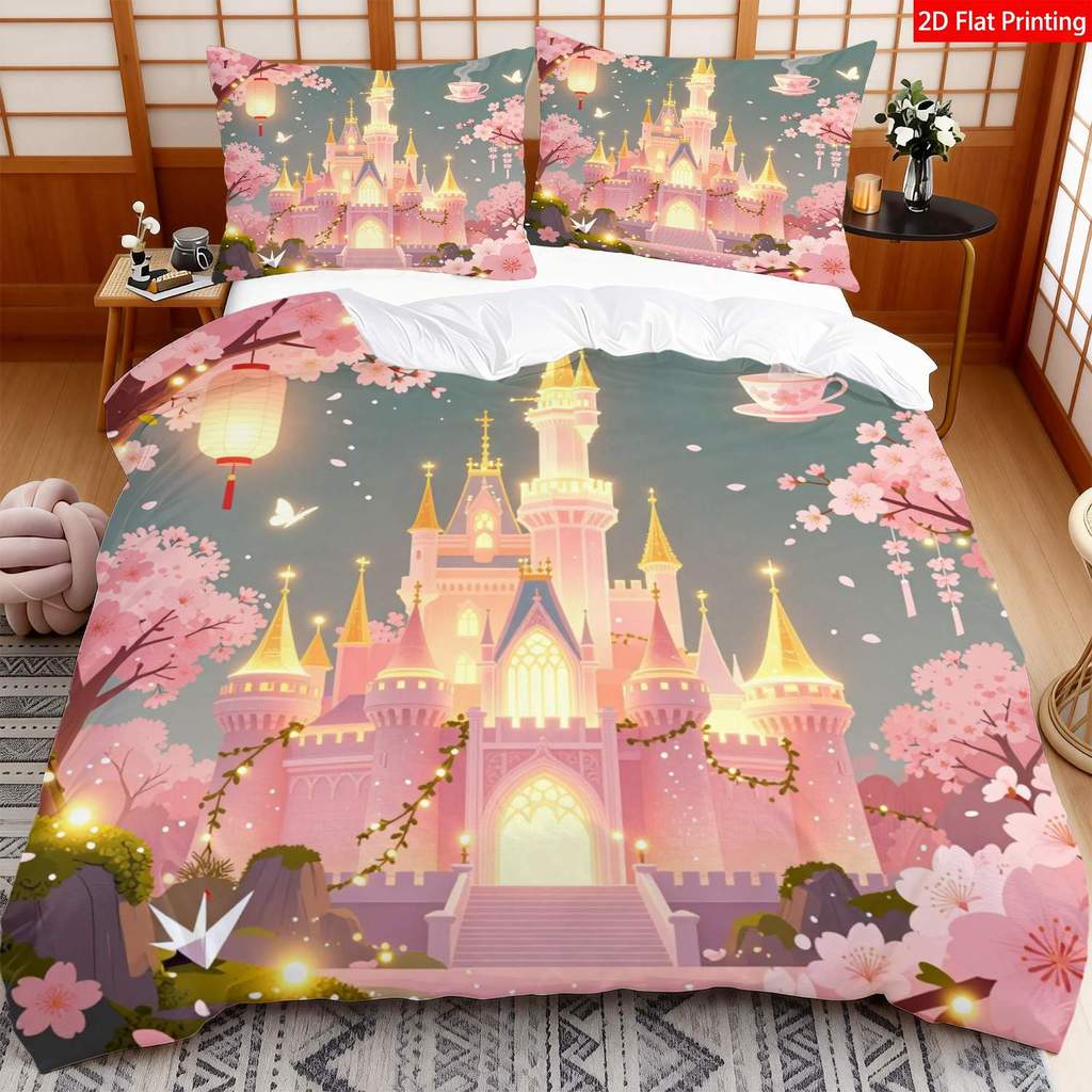 Conjunto de 3 peças com estampa plana 2D romântica princesa castelo roupa de cama rosa flor de cerejeira estampa com cas