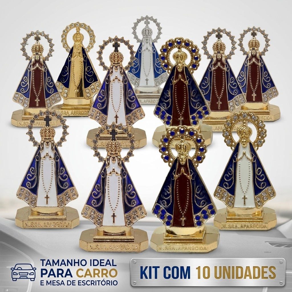 Kit 10 Imagens Nossa Senhora Aparecida Mini Estatueta em Metal com Strass e Base Decorativa