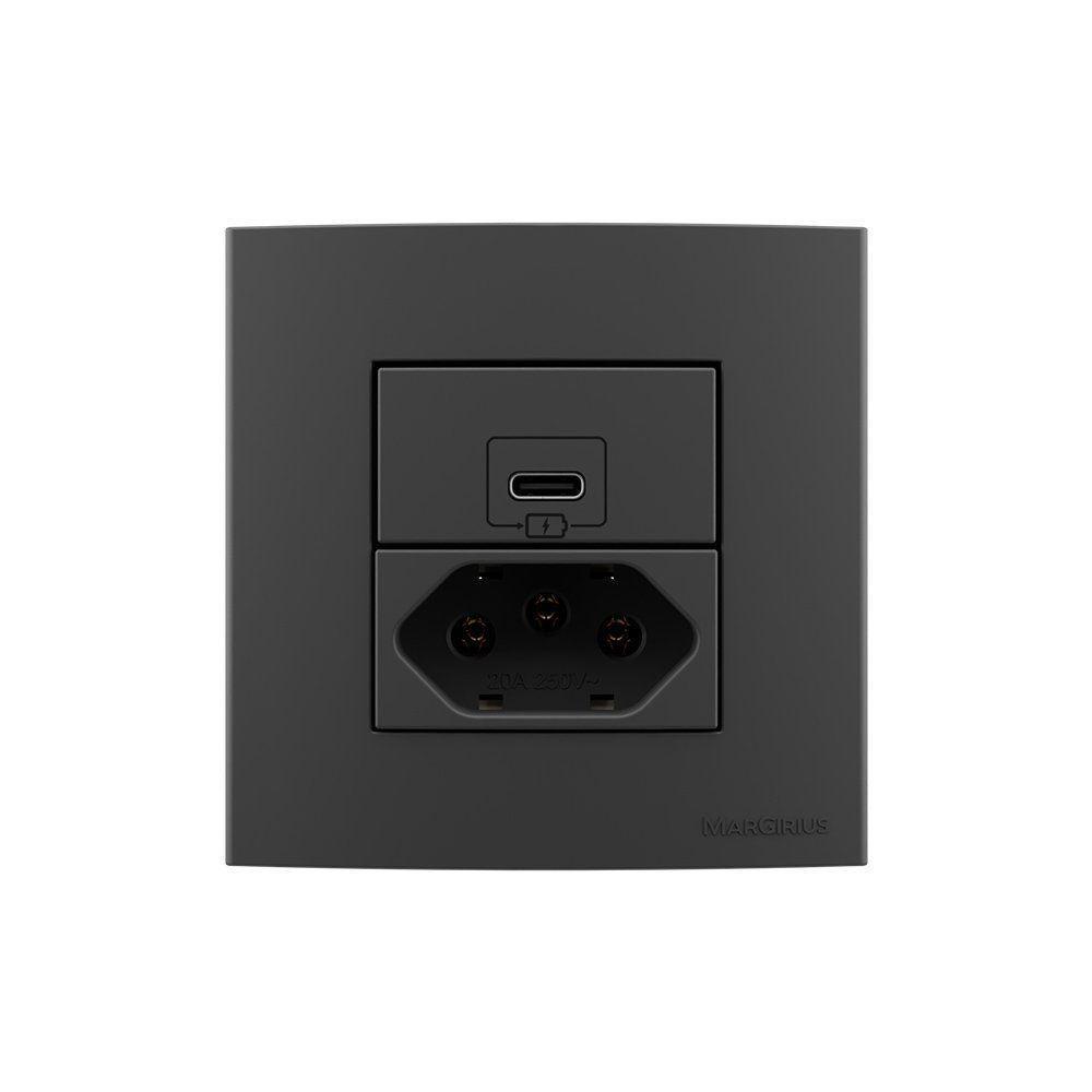 Placa Para Móveis 80x80 Com Tomada Usb-c 2a 10w E Tomada 2p+t 20a Margirius Sleek Colors Grafite