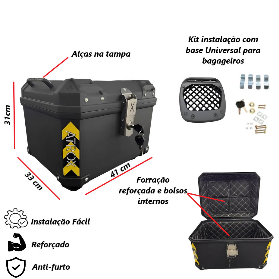 Bau Moto 38L Bauleto Bauzinho Universal Forrado Reforçado com Base Suporte Anti-Furto Instala Fácil