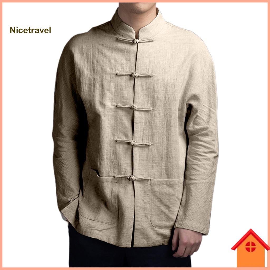 Mandarin Collar Disc Button Shirt Lightweight Breathable Men Men's Autumn Chinese Style Long Sleeve Tai Chi Kung Fu Top