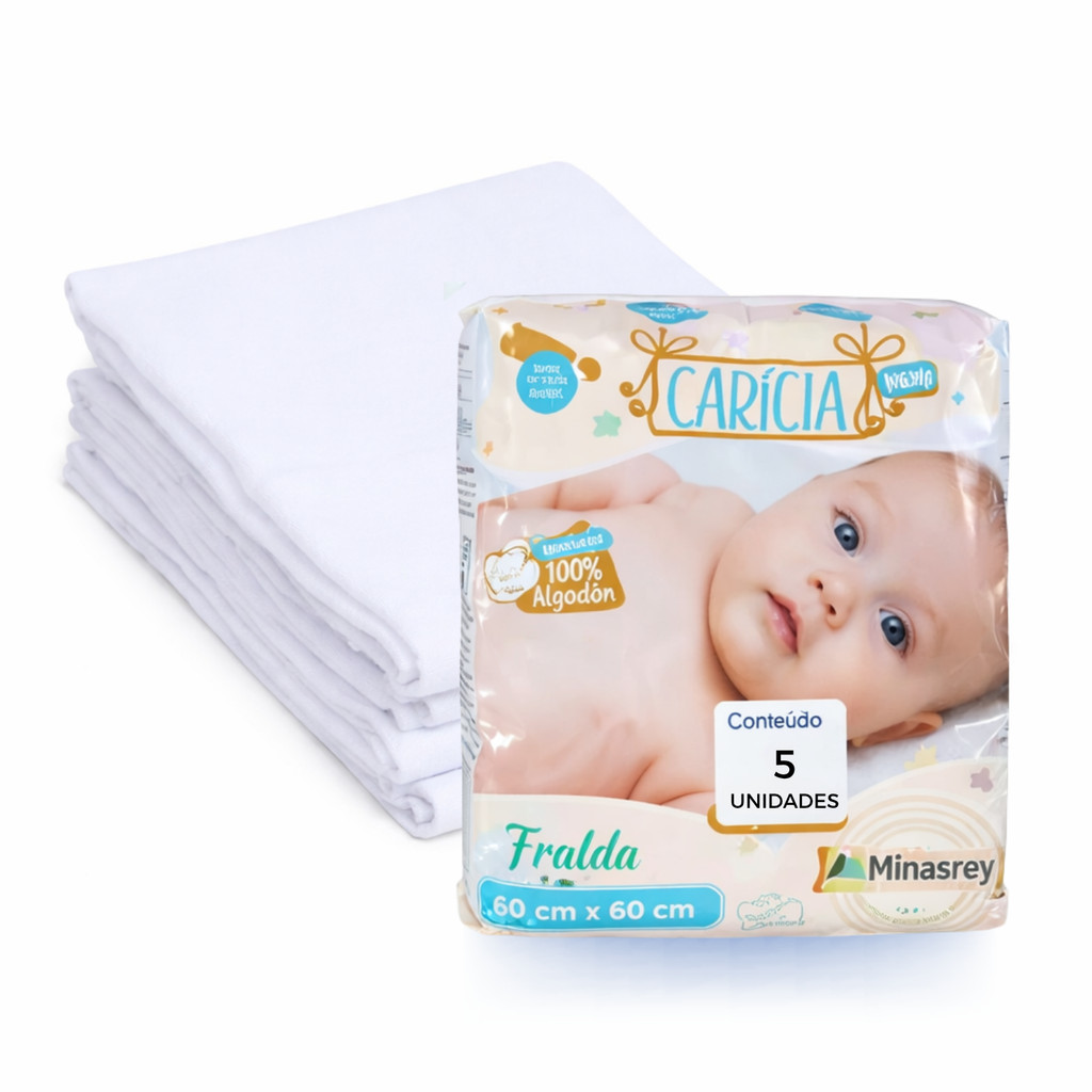 Fralda de Pano Minasrey Carícia Baby Branca | 5 Unidades 60×60 cm | Macia e Absorvente