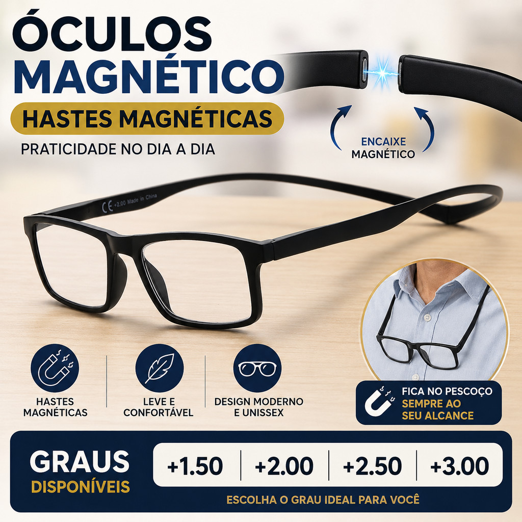Óculos de Leitura Magnético Haste Magnética +1.50 até +3.00 Masculino Feminino