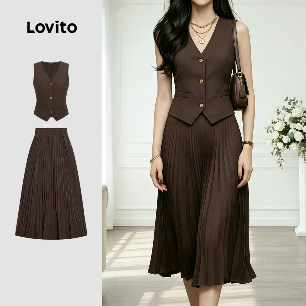 Lovito Tops ou saia elegantes plissadas primavera/verão saia marrom tops ou saia para mulheres LK3ED1503