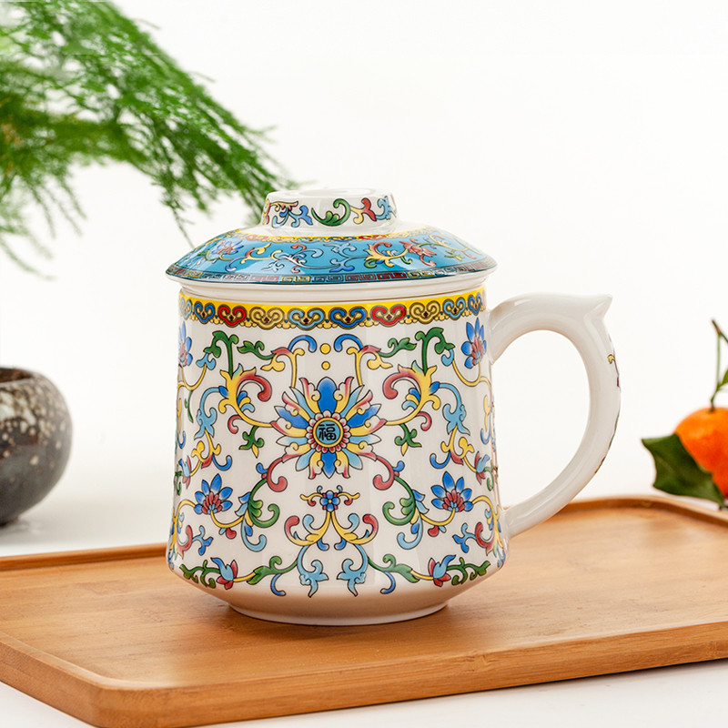 Copo de drenagem de chá de porcelana óssea com tampa filtro de malha copo de água escritório chá separação de água copo 