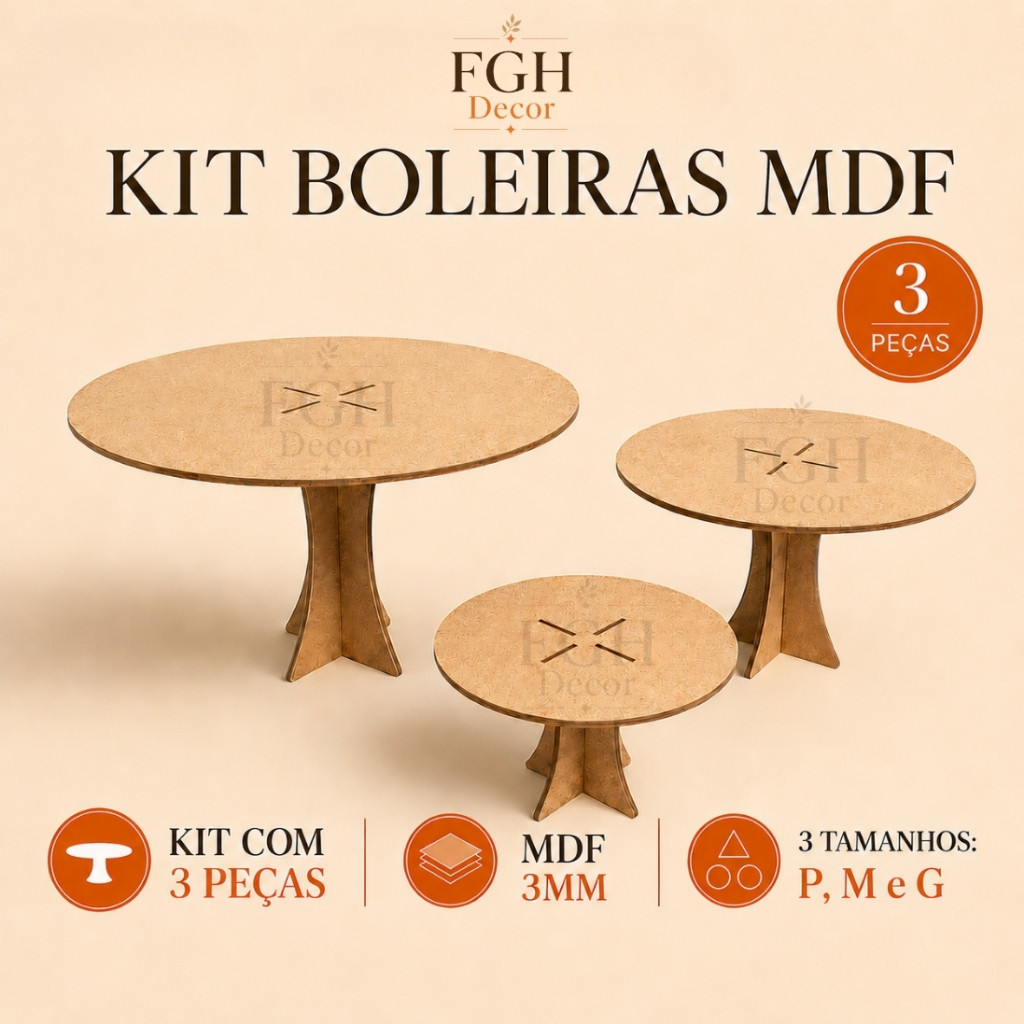 Kit 3 Boleiras MDF Cru P M G  Festa Decoração Mesa Doces Personalizar Pegue e Monte Boleira Mesa Porta Doces