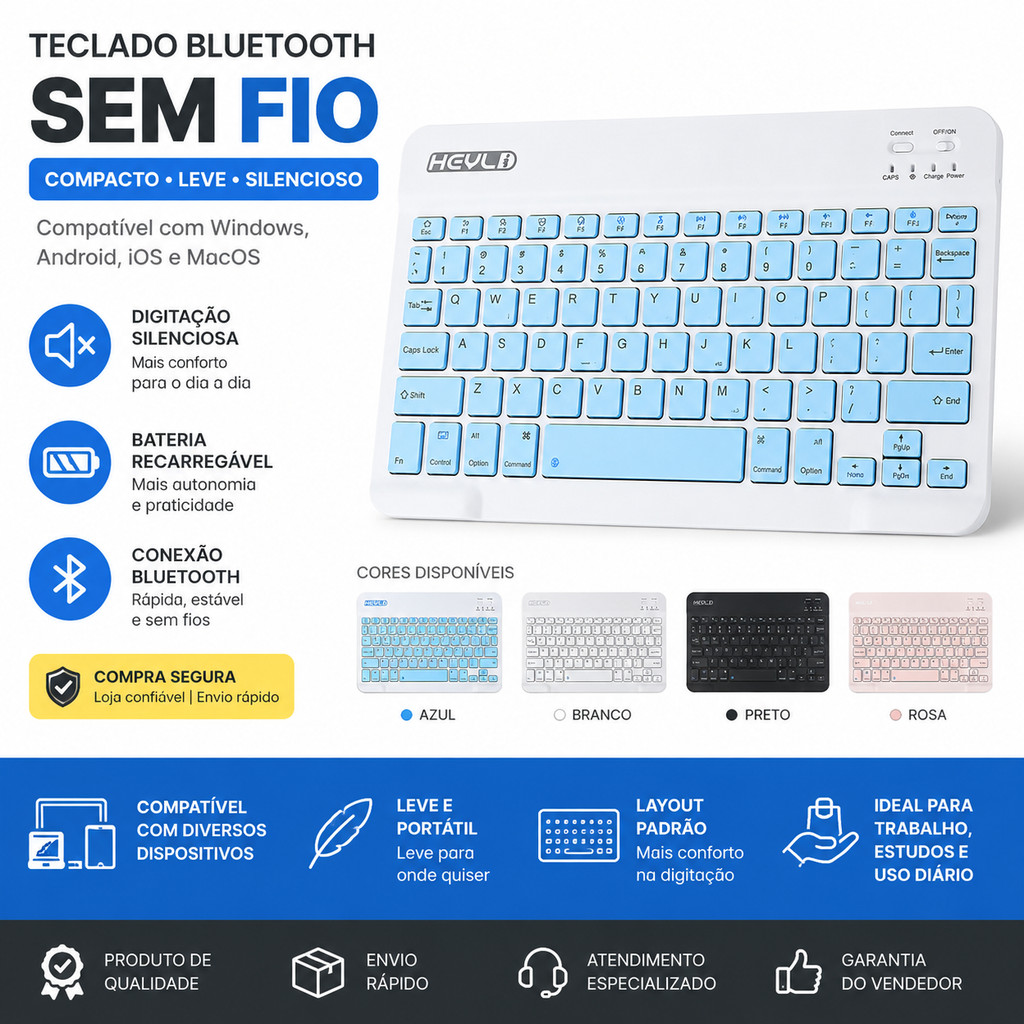 Teclado Bluetooth Sem Fio Portátil Leve e Recarregável Compatível com Celular/Tablet/Notebook