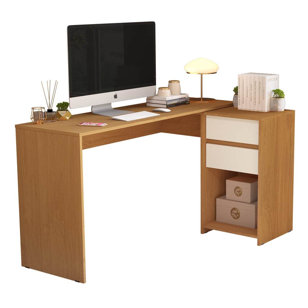 Mesa Computador Pratika Escrivaninha em L com 2 Gavetas e Nicho Organizador
