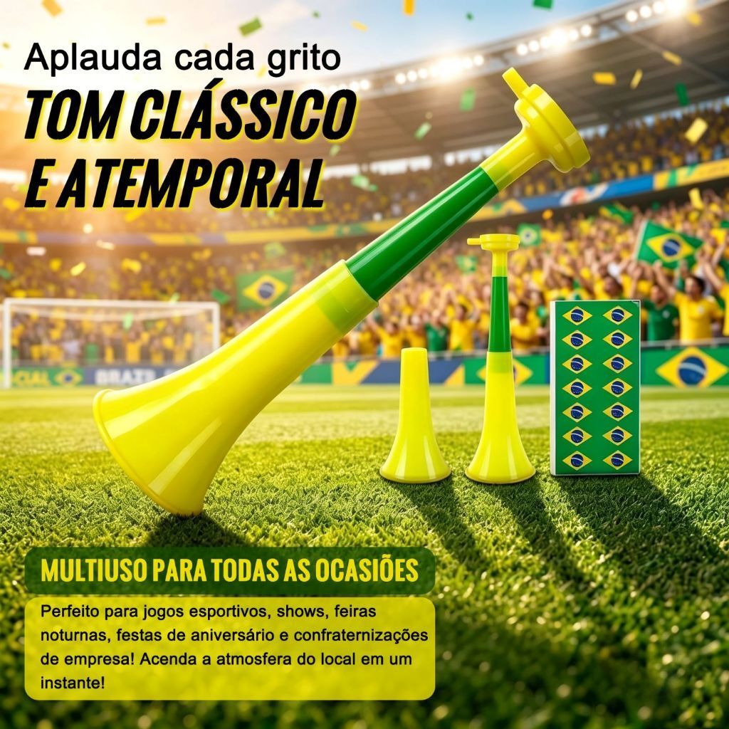 Corneta de Futebol Brasil Copa do Mundo 28cm Montagem Rápida com Adesivo da Bandeira, Acessório para Festas e Torcidas