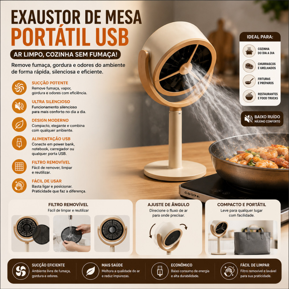 Exaustor De Mesa Portátil USB Removedor De Fumaça E Gordura Para Cozinha Churrasco Frituras