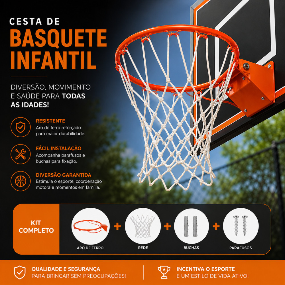 Cesta De Basquete Infantil Aro De Ferro Com Rede Kit Completo Para Parede Brinquedo Esportivo