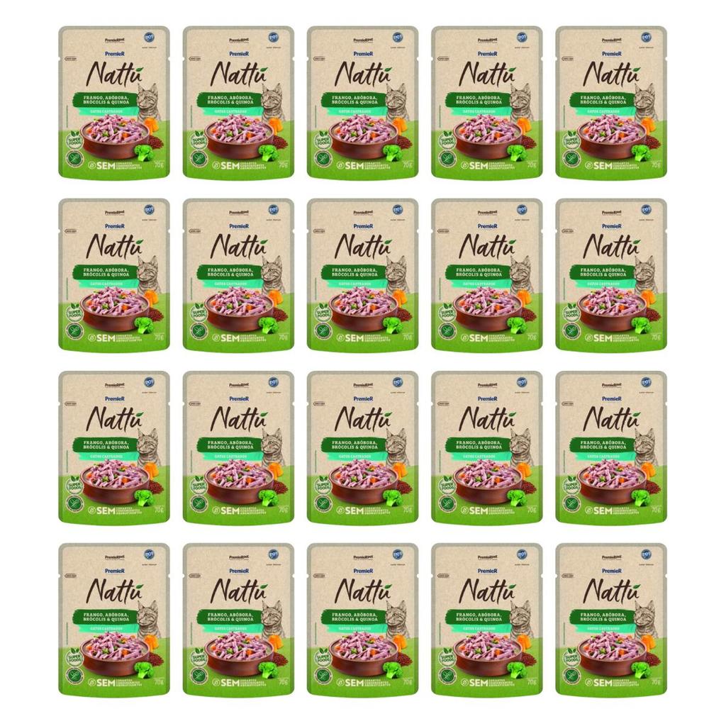 Kit 20 Sachês Premier Nattú Gatos Castrados Frango E Abóbora