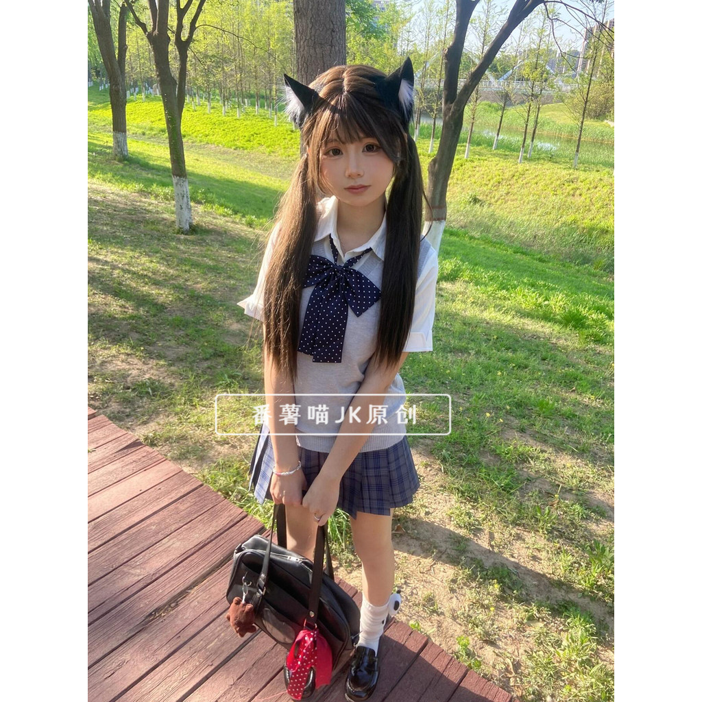Doce batata Meow Original cinza água azul jk uniforme saia de cintura alta estilo Preppy terno em camadas colete cinza