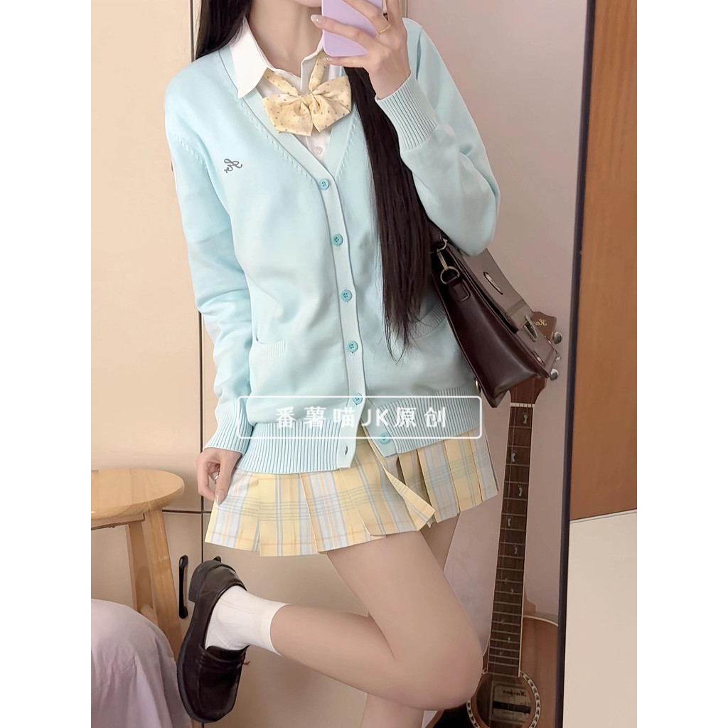 Doce batata Meow toranja lua jk uniforme saia estilo Preppy saia de cintura alta terno cor menta Cardigan jaqueta camiso