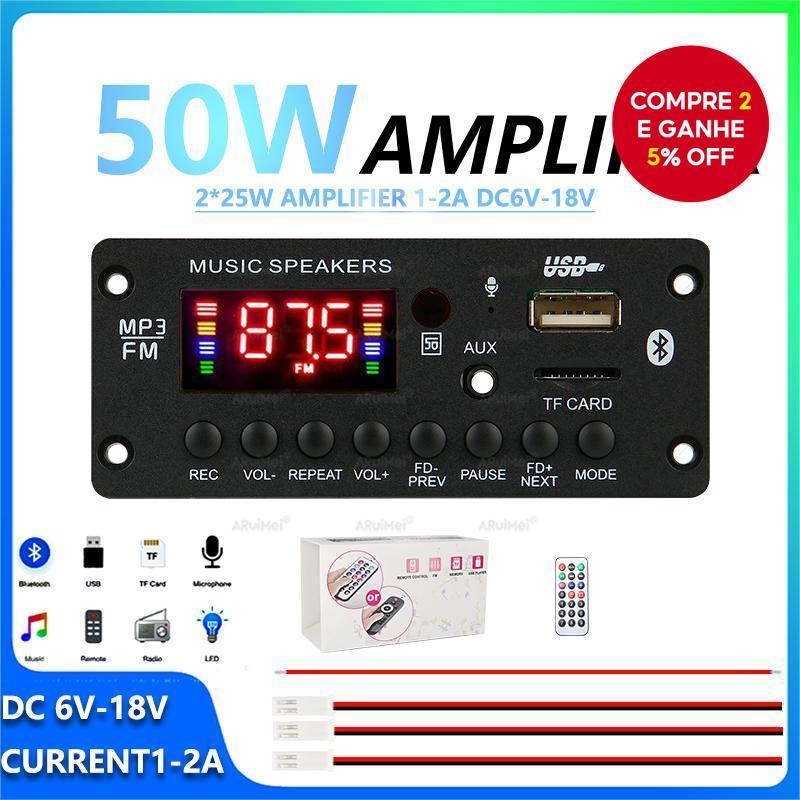Placa Amplificadora Bluetooth 2*25W com Display 6-18V para Áudio Automotivo/Alto-falante DIY