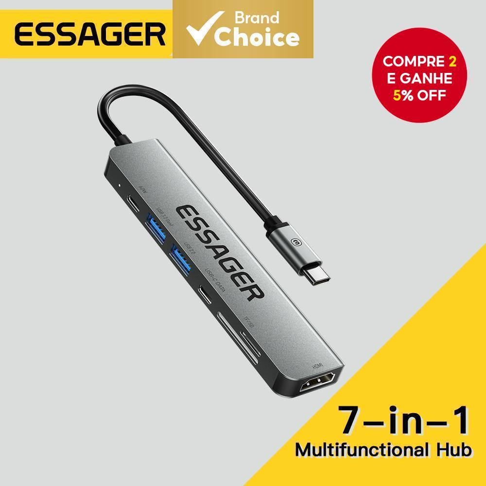 Essager Type C HUB Para Adaptador HDMI USB3.0 7 Em 1 Leitor De Cartão SD RJ45 PD 100W MacBook Splitter