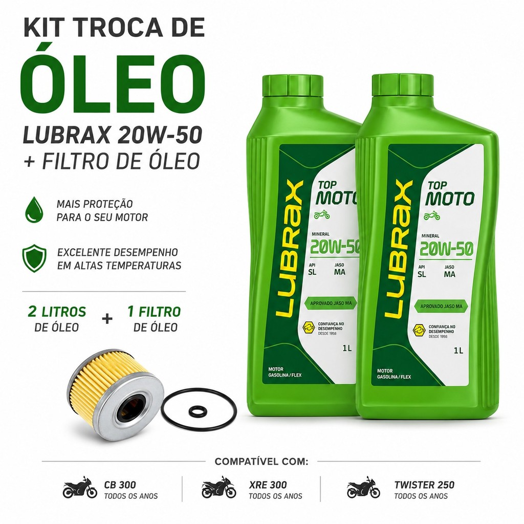 Kit Óleo Lubrax 2L 20W50 4T + Filtro Óleo Honda CB 300 XRE 300 CBX 250 Twister Fazer 250 Troca de Óleo