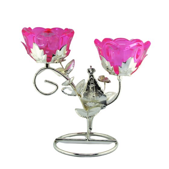Porta velas castiçal de metal e vidro com imagem de Aparecida.