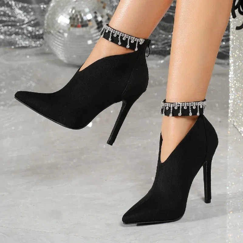 Eilyken Botas Femininas de Salto Fino Sexy com Zíper e Bico Fino, Detalhes de e Diamante, Estilo Dança, Moda Pri
