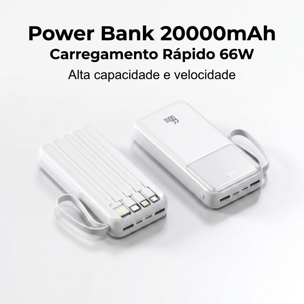 Bateria Externa Power Bank 20000mAh 66W Carregamento Rápido Com 4 Cabos Integrados Display Digital