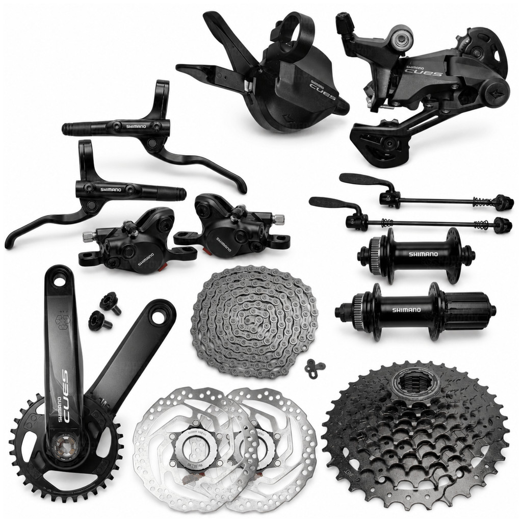 Kit Transmissão Shimano Cues 9 Velocidades Aro 29 Completo Passador Câmbio Freio K7 Cubos Discos Corrente Pedivela