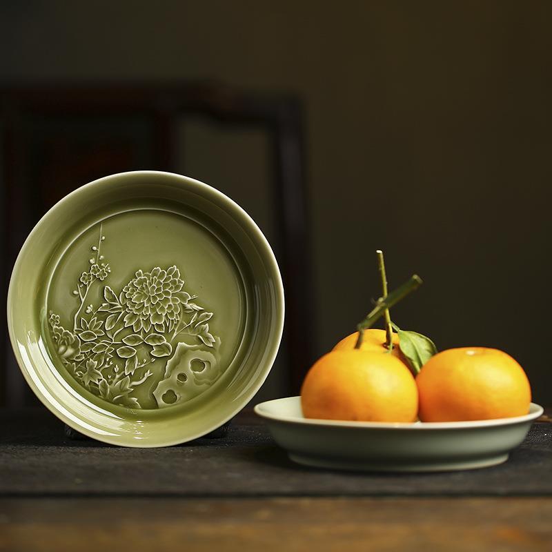 Beixiju Tang placa de atualização Suxi placa de frutas em relevo cerâmica pote capa tigela suporte inferior Kung Fu conj