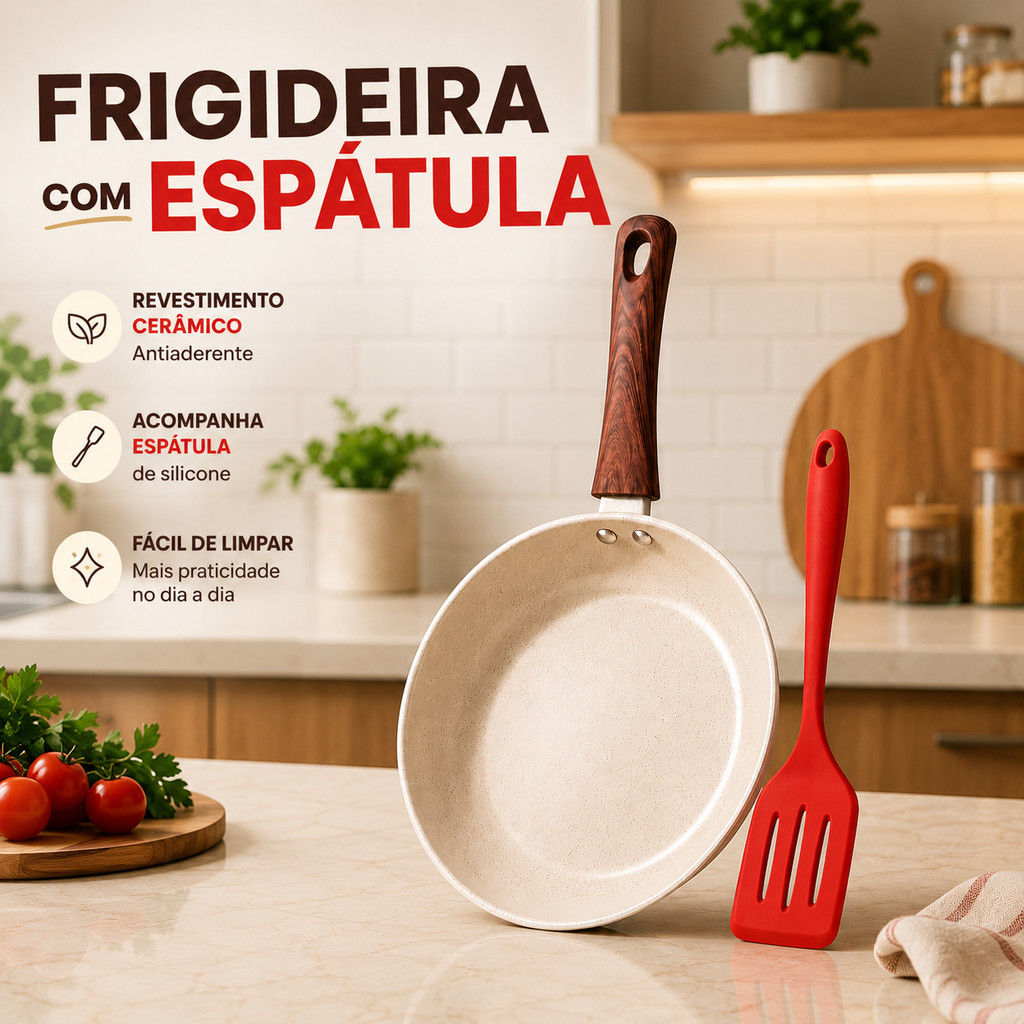 Frigideira Grande Indução Gás 26 cm Para Ovo Carne Omelete +1 Espátula Vermelha Silicone
