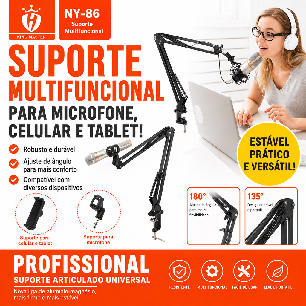 Suporte Articulado para Celular, Tablet e Microfone NY-86 | Braço Metálico Ajustável para Gravação, Live, Podcast