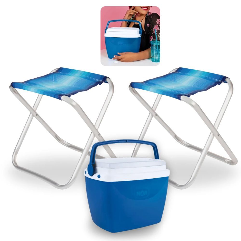 Kit 2 Banquetas Dobráveis em Alumínio + Caixa Térmica 6l Azul Cooler para Camping Praia Pesca