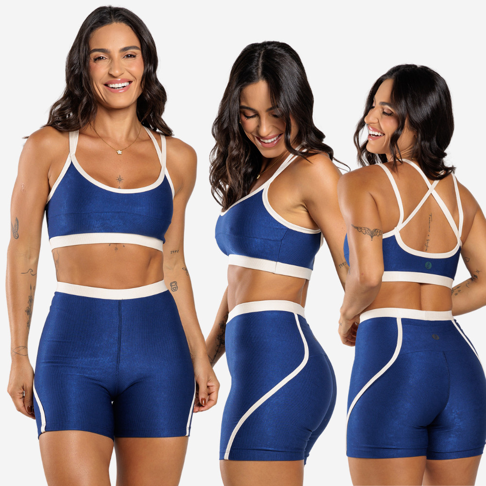 Conjunto Top E Short Canelado Sophia Bicolor Cintura Alta Feminino Adulto Fitness Academia — imagem 2 de 2