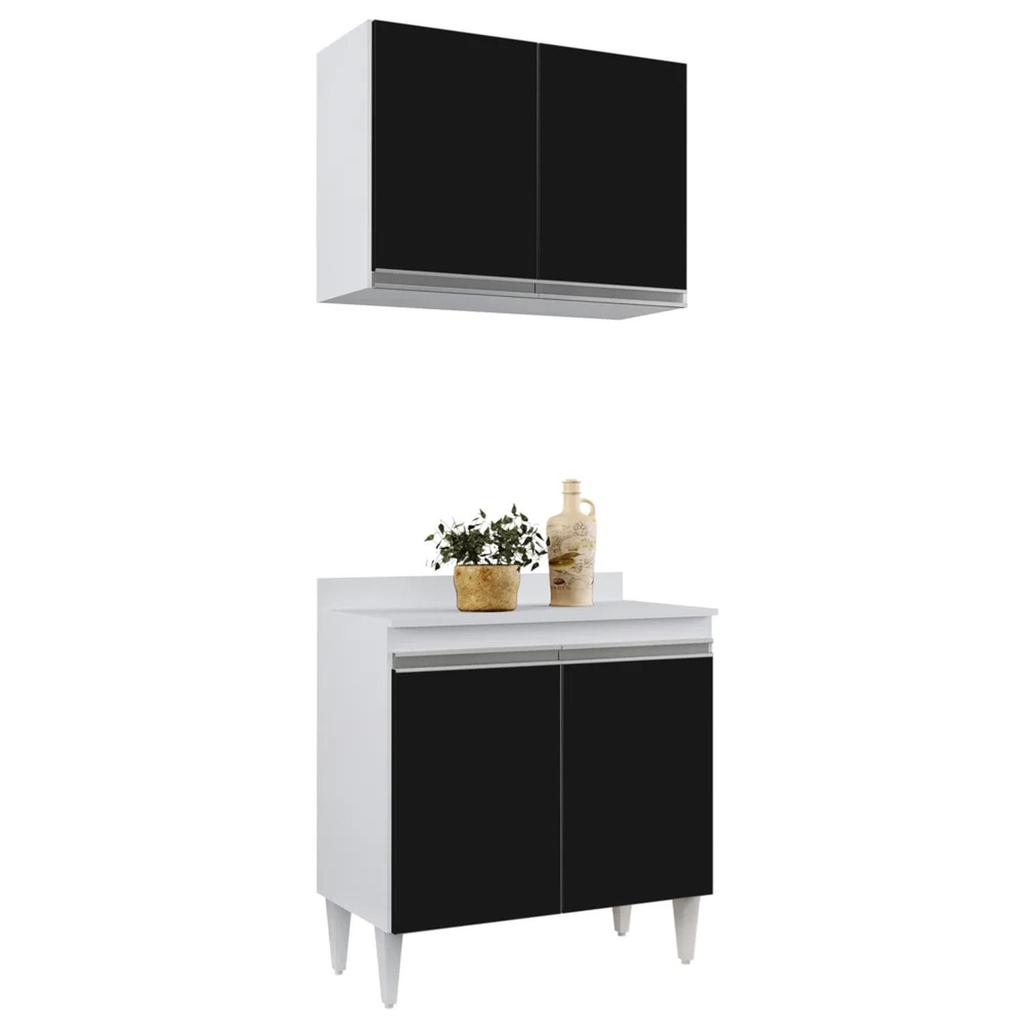 Armário Aéreo Califórnia e Balcão Hawai com Tampo 80cm Branco/Preto - Lumil