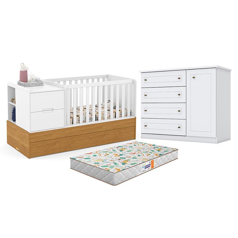 Berço Multifuncional Formare Branco Freijó - Matic e Cômoda Infantil Branco HP e Colchão Gazin - Henn