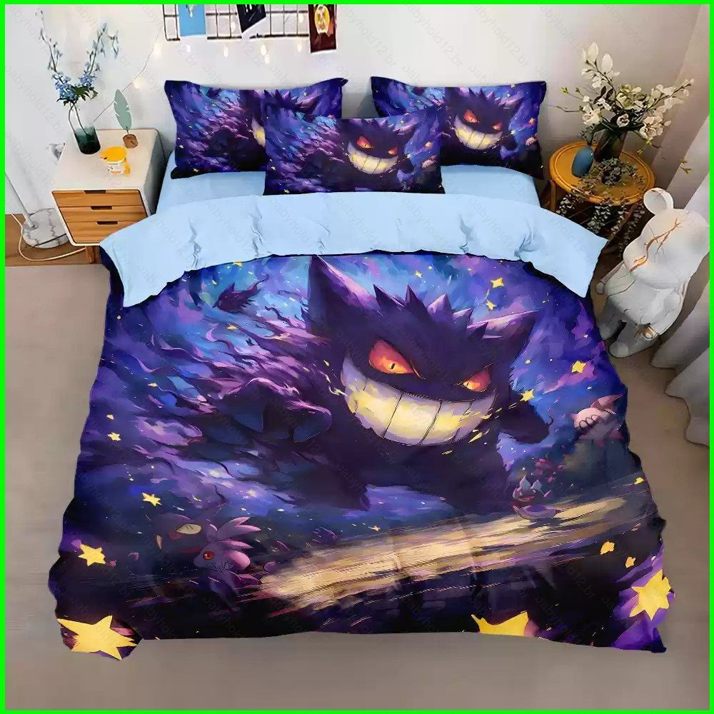BB12 Pokemon Gengar 3 Em 1 Lençol Colcha Capa Fronha Conjunto De Cama Casa Quarto Lavável Anime Terno BB12