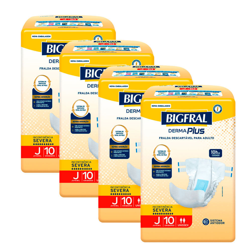 Kit 4 Fralda Bigfral Derma Plus Juvenil 10 Unidades