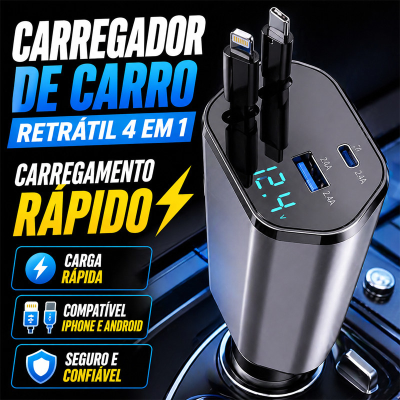 Carregador Rápido para Carro 4 em 1, Carregador de carro retrátil, para iPhone e Android