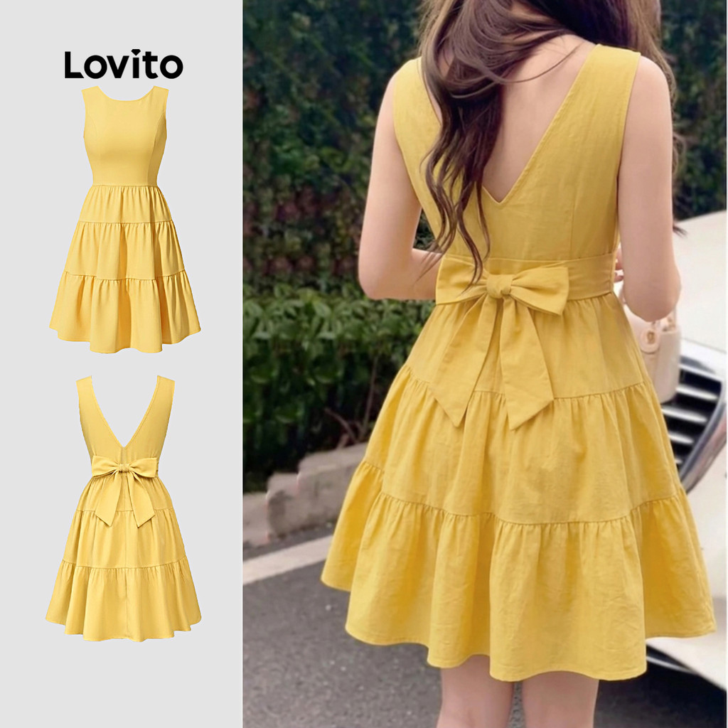 Lovito Vestido Casual Arco Primavera/verão Vestido Amarelo para Mulheres LK3ED616