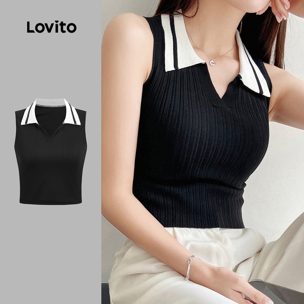 Lovito Top Casual de Retalhos de Tecido com Bloco de Cor Preto e Branco Primavera/verão para mulheres LK6ED118