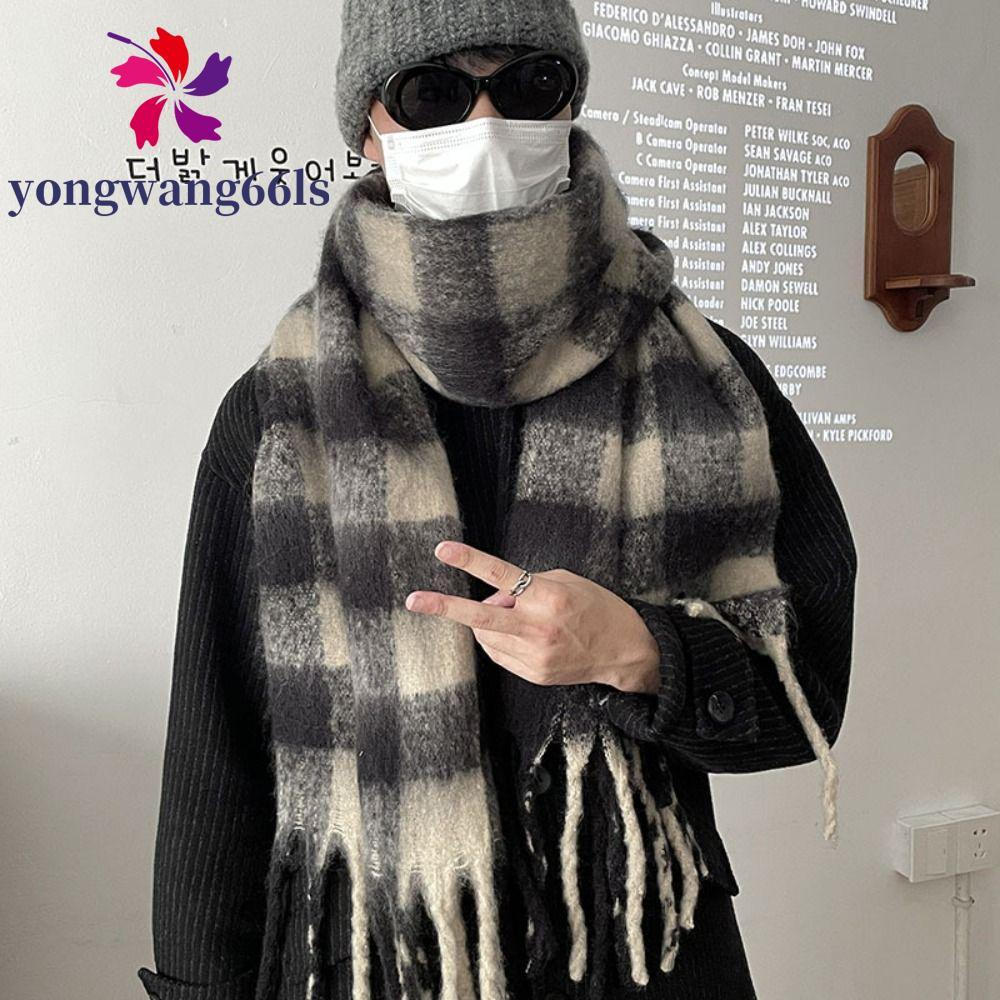 YONGWANG Lenço Xadrez Listrado Masculino , Cachecol Fofo De Caxemira De Inverno Coreano , Casual Com Borlas Macias