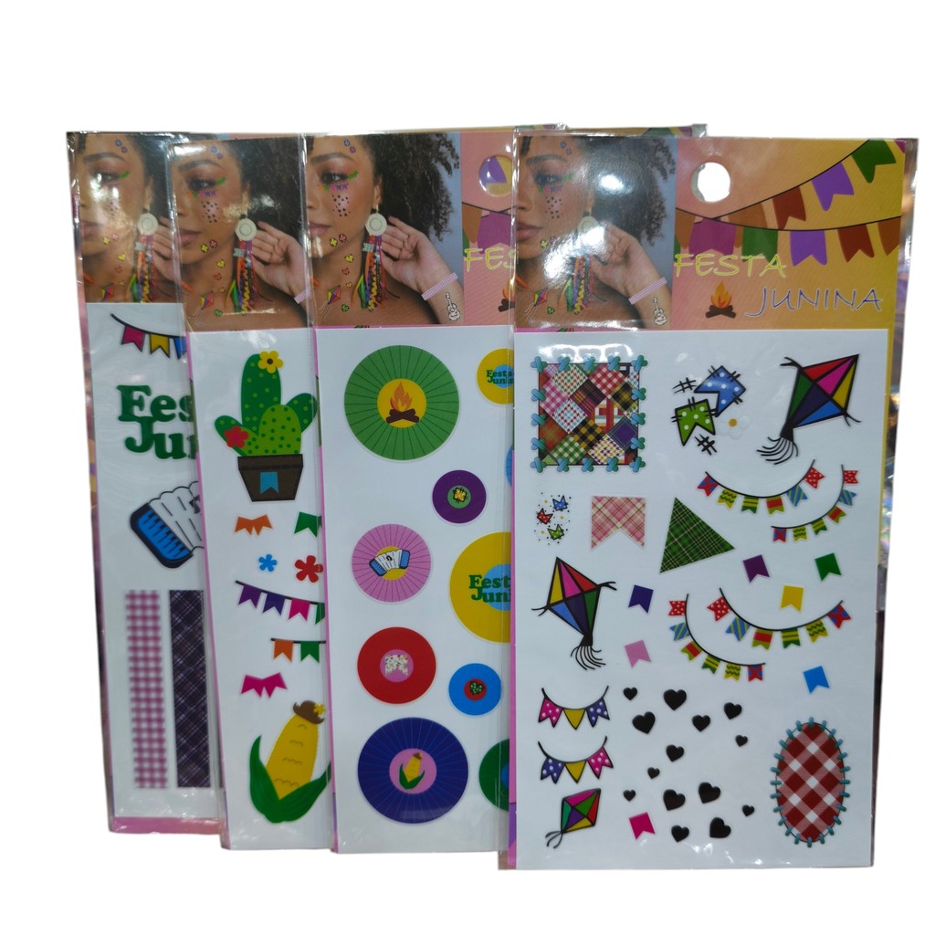 KIT 3/6/12 Unidade Cartelas Adesivo de Rosto Maquiagem Festa Junina Julina bandeirinhas fogueira balão BD-01