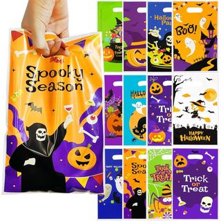 UTOYSOV 100 Sacolas de Halloween com Alças, 12 Designs de Sacolas de Halloween para Doces ou Brindes, Sacolas Plásticas 
