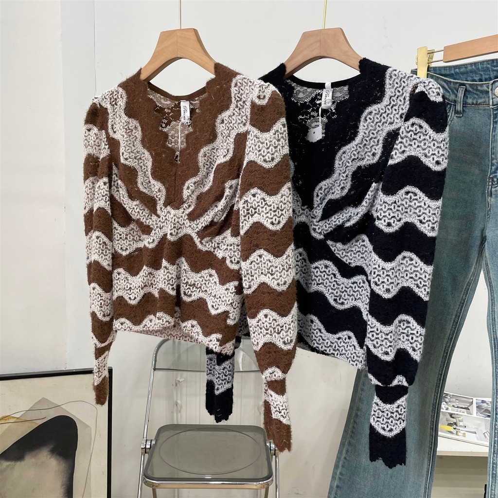 Estilo francês cintura estreita renda camisa de fundo feminino outono inverno novo estilo manga Puff curto com decote em