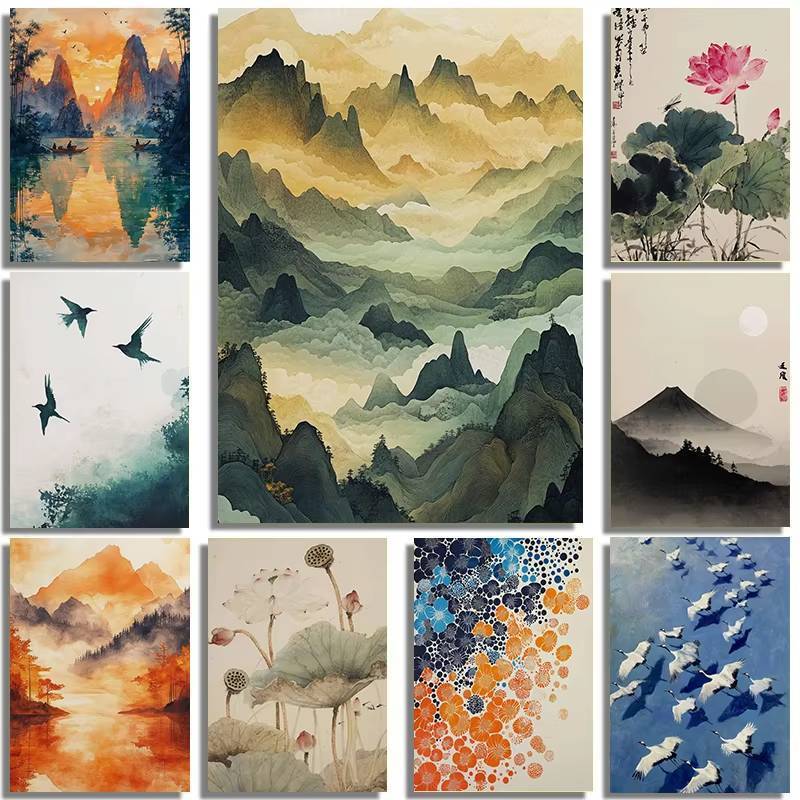 1pc frameless canvas painting Traditional Asian Oriental Natural Landscape Animal and Plant Art Poster Canvas Printing H