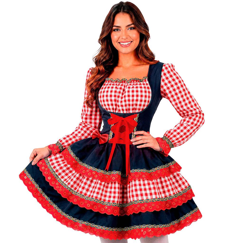 Vestido Festa Junina Adulto Feminino Xadrez Manga Longa de Luxo Ajustável