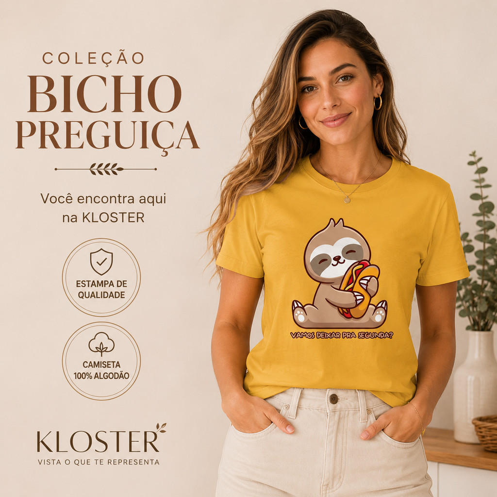 Camiseta Feminina Preguiça Gourmet 100% AlgoCamiseta Vamos Deixar Pra Segunda? Estampa Engraçada Preguiça Comilona